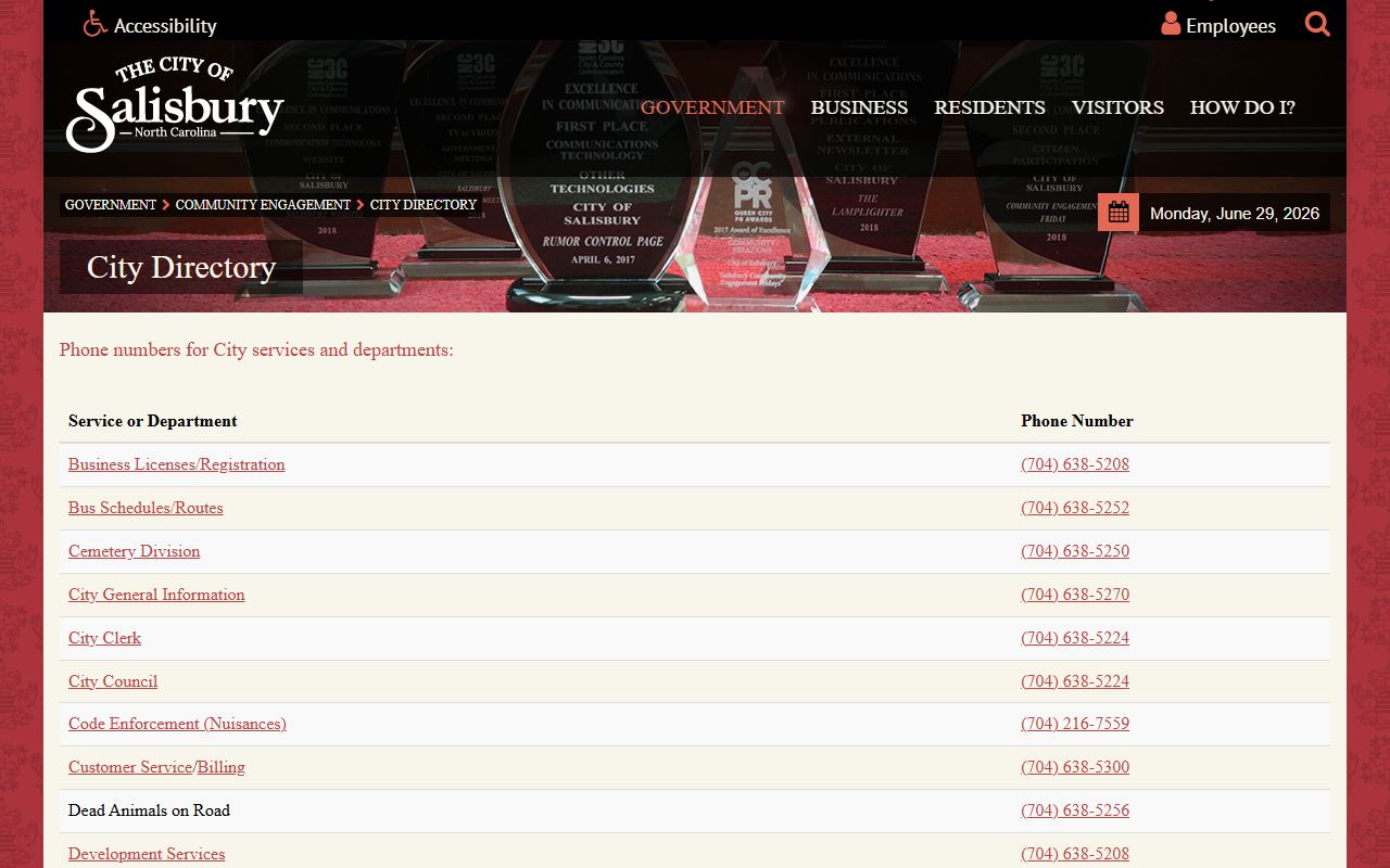 Salisbury phone numbers in the official city directory
